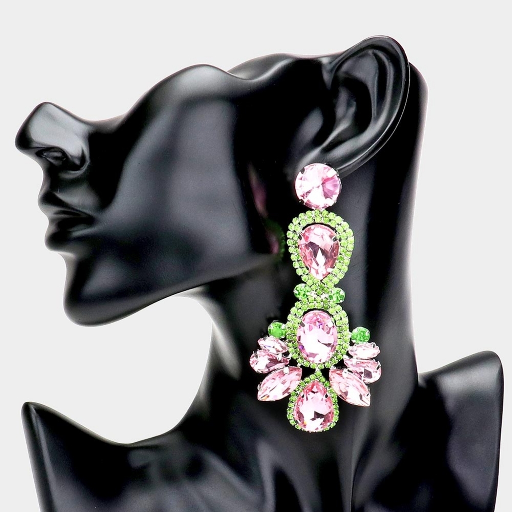 Pink & Green Rhinestone Crystal Dangle Earrings 3.5" Statement Teardrop Evening